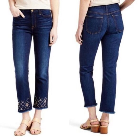 7 For All Mankind- Jen 7 Embellished Hem Straight Crop Jeans Dark Hudson Blue 4 - Picture 1 of 10